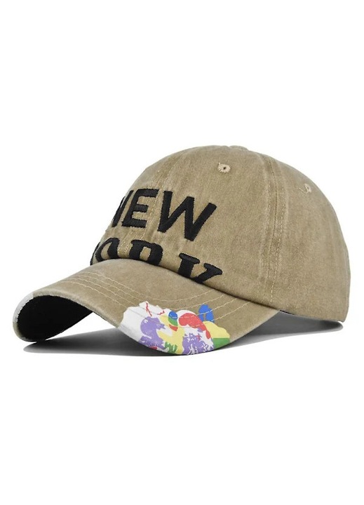 Sapca baseball din bumbac spalat, cu broderie tridimensionala si patch, model New York, kaki, marime universala