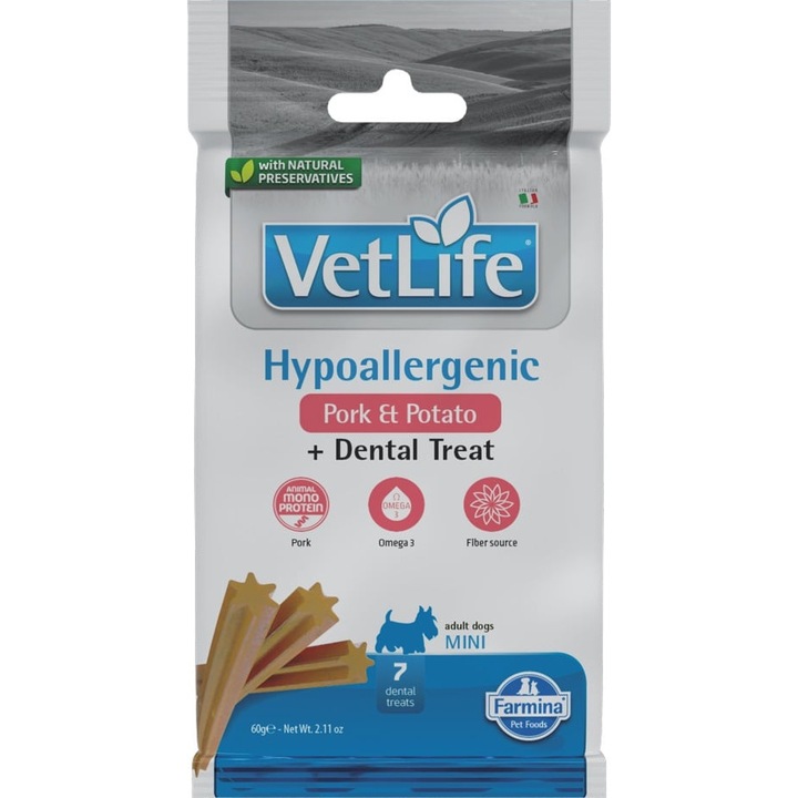 FARMINA Vet Life Dental Treat Hypoallergenic Pork Mini 60 g recompensa dentara pentru caini de rase mici, cu porc