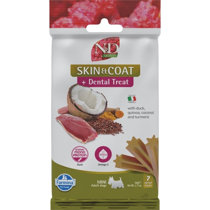 FARMINA N&D Quinoa Dental Treat Skin Coat Duck Mini 60 g recompensa dentara cu rata, pentru caini de rase mici