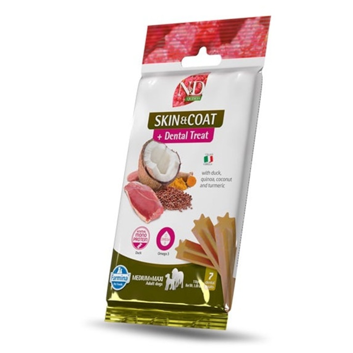 FARMINA N&D Quinoa Dental Treat Skin Coat Duck Medium/Maxi 100 g batoane dentare caini de talie medie si mare, cu rata