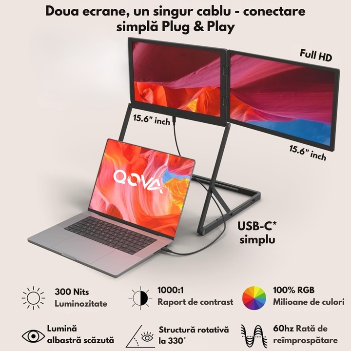 Monitor Dublu Extensibil, cu Stand pentru laptop, Qova®, Extensor Laptop cu 2 Ecrane 15.6 inch FHD 1080P, 1920 × 1080, Plug & Play Fara Driver, USB-C, HDMI, Ecran mare 16:9, Pliabil, Compatibil IOS, Android, Windows, Stand reglabil integrat