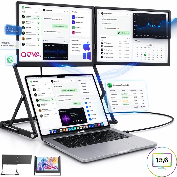 Monitor Dublu Extensibil, cu Stand pentru laptop, Qova®, Extensor Laptop cu 2 Ecrane 15.6 inch FHD 1080P, 1920 × 1080, Plug & Play Fara Driver, USB-C, HDMI, Ecran mare 16:9, Pliabil, Compatibil IOS, Android, Windows, Stand reglabil integrat
