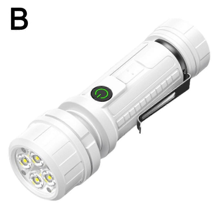 USB акумулаторен LED фенер, преносим фенер 800 лумена, 3-4 LED с 3 режима (силен/слаб/стробоскоп), ABS с метален клипс, бял, 1 бр., 800 mAh, 9.9x3.2 см
