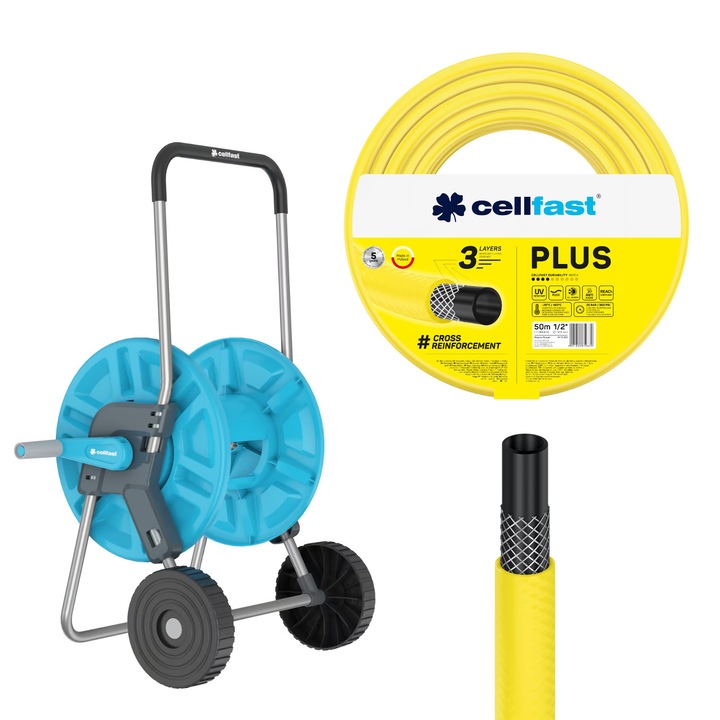 Cellfast Aluplus tömlőkocsi 1/2" 60 m + Cellfast Plus kerti tömlő 1/2" 50 m