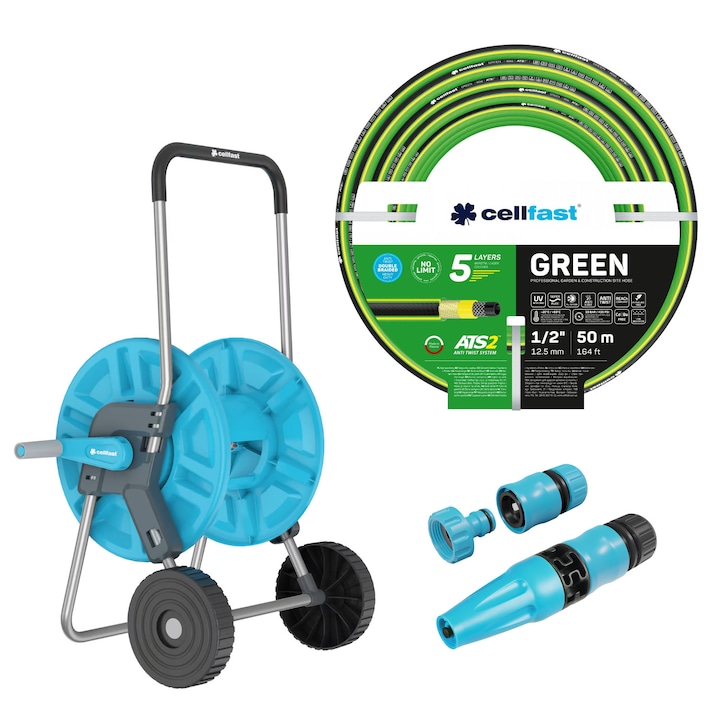 Cellfast Aluplus tömlőkocsi 1/2" 60 m + Cellfast Green ATS2 kerti tömlő 1/2" 50 m + Cellfast Basic egyenes szórófej készlet 1/2"