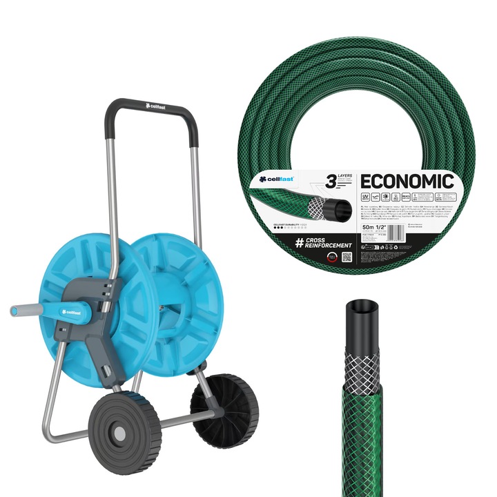 Cellfast Aluplus tömlőkocsi 1/2" 60 m + Cellfast Economic kerti tömlő 1/2" 50 m