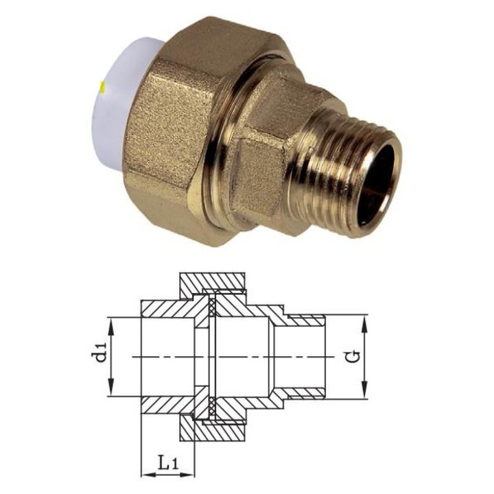 Racord Olandez PPR, SPK, M 25x3/4", alb, dimensiuni rezistente