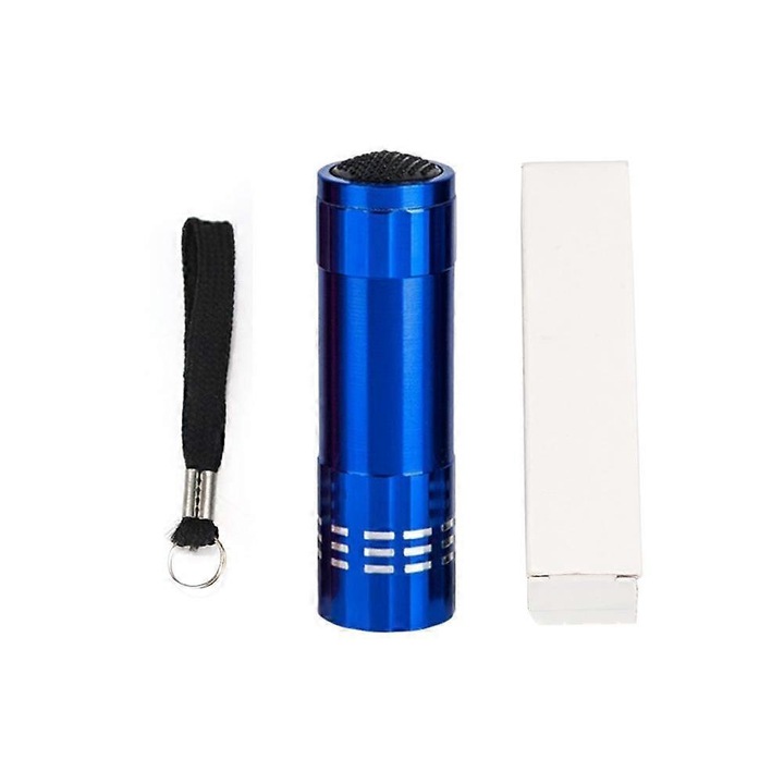 Mini LED lámpa, 9 LED-es, alumíniumból, hordozható és könnyű, 8x2.3 cm, 3x AAA elemmel működik (elemek nem tartozék), kék, 1 db