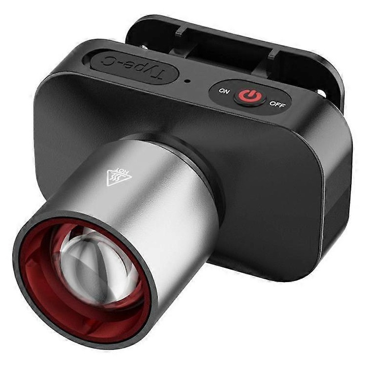Zoom fejlámpa, Type-C újratölthető 1200mAh, teleszkópos zoommal, 1200 lumen, erős/gyenge/SOS módok, fekete/ezüst, 1 db