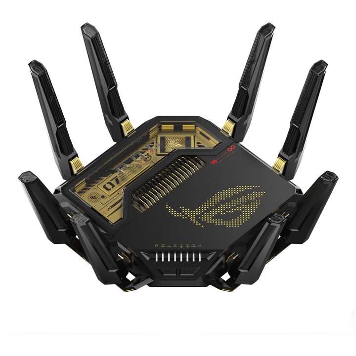 Безжичен рутер Gaming ASUS ROG, Rapture GT-BE98 Edition 20, WiFi 7 quad-band BE25000, AiMesh, 10 Gigabit и 2.5 Gigabit Ethernet портове, Четириядрен процесор 2.6 GHz, USB 3.2, WPA3, 350.41 × 350.41 × 220.6 мм, Черен със златни акценти