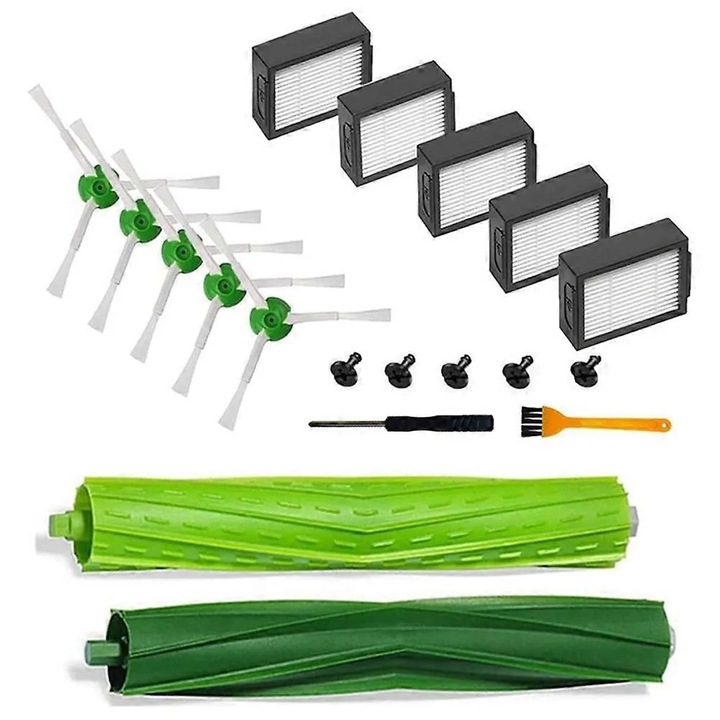 Set intretinere aspirator robot compatibil cu Roomba I7 I7+ I8 I8+ I1 I2 I3 I3+ I4 I4+ I6 I6+ E5 E6 E7 J6 J7+, role perie 1 pereche, 5 perii laterale, 5 filtre HEPA, perie curatare si surubelnita, Verde/Negru, 1 set