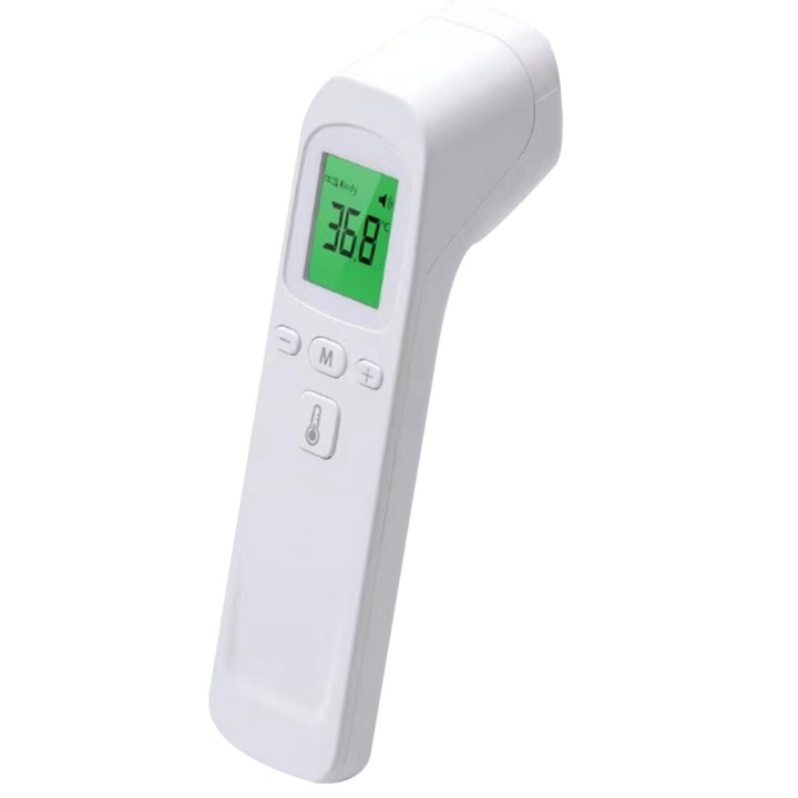 CJ-OB1-K0204-20260629-23 érintésmentes hőmérő, infravörös, megvilágított LCD kijelző, homlok/tárgy mód, lázriasztás (≥37,5°C), 0,1°C pontosság, fehér