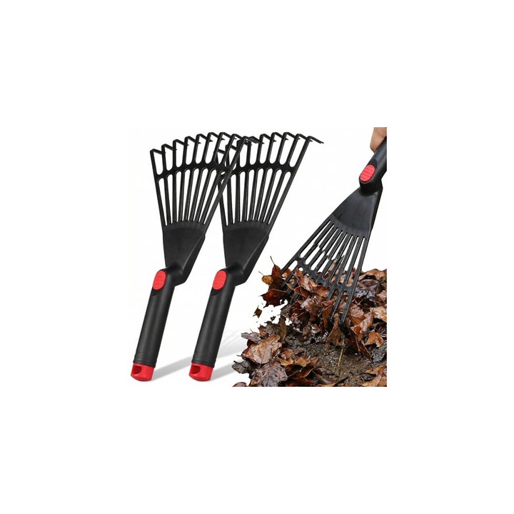 Grebla de mana pentru frunze, din plastic usor, cap flexibil pentru spatii inguste, maner ergonomic, negru/rosu, 2 bucati