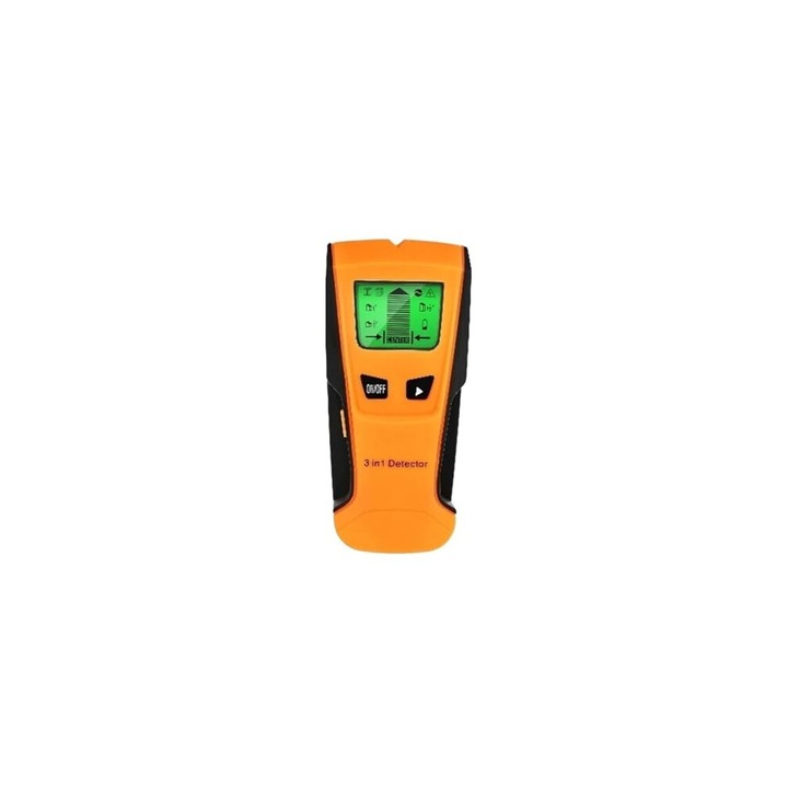 Detector perete 3in1 pentru grinzi si metal, cu alerta fir sub tensiune si detectie margini, ecran LCD iluminat, rezistent la soc si apa, Portocaliu, 1 buc