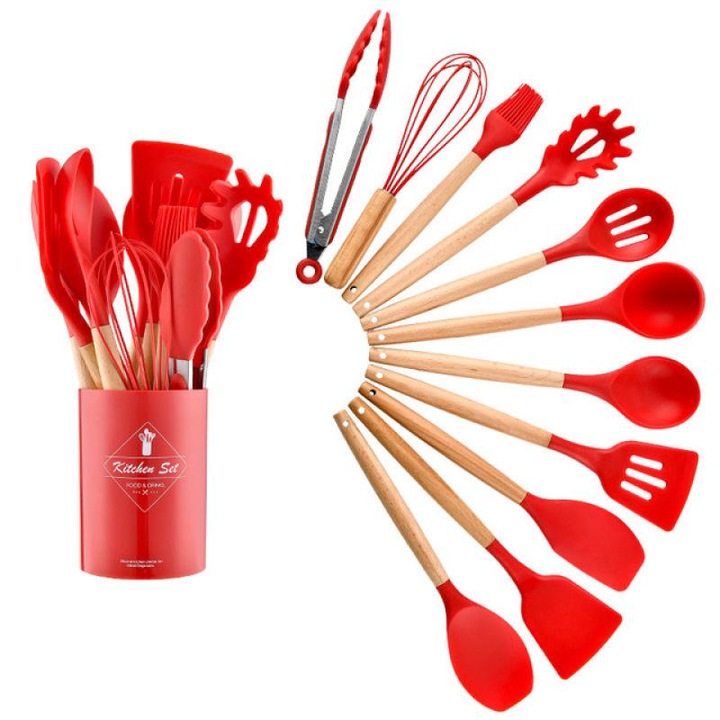 Set 12 ustensile de bucatarie din silicon termorezistent si maner din lemn natural, Rosu