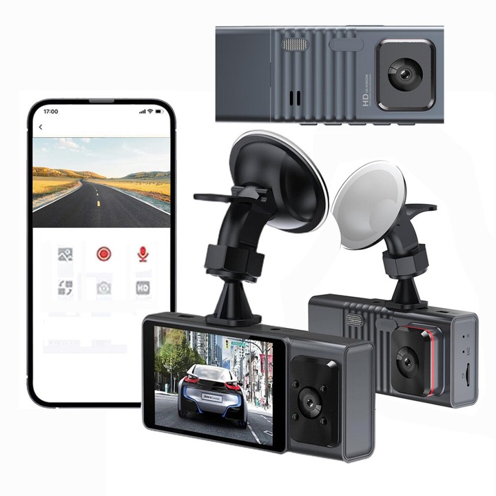 Kétlencsés autós kamera 1080P WiFi, éjjellátó, parkolásfigyelés