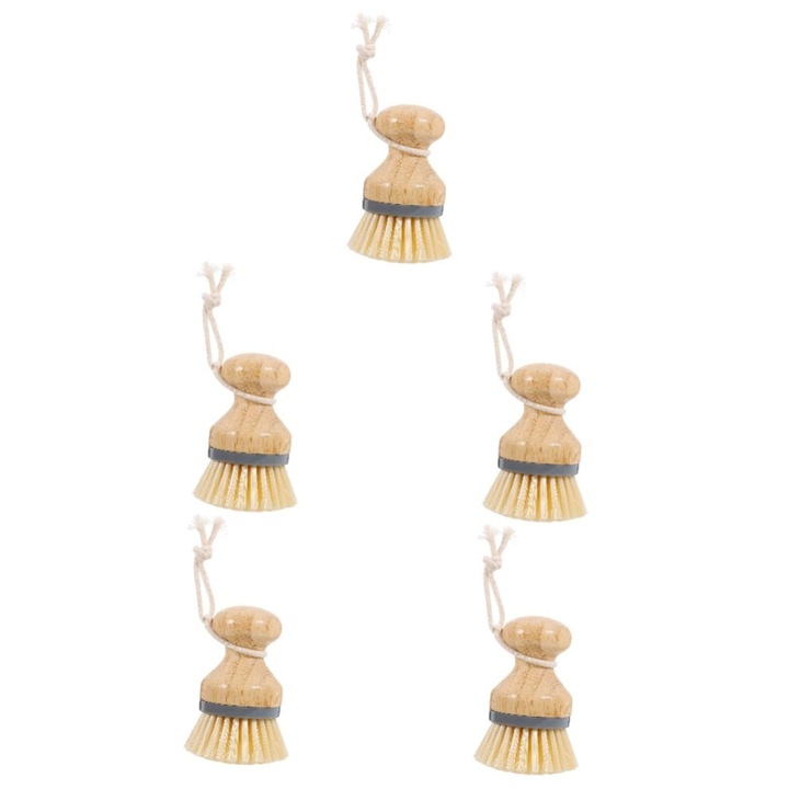 Set 5 bucati, perii pentru vase si bucatarie, manere ergonomice, peri fermi si capete variate pentru sticle si crapaturi, natur