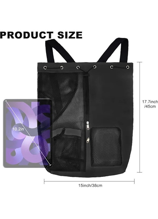 Rucsac/sac cu snur din nylon si poliester, cu plasa pentru uscare, rezistent la apa, buzunar pentru obiecte umede cu fermoar, capacitate mare, negru, 48 x 32 cm