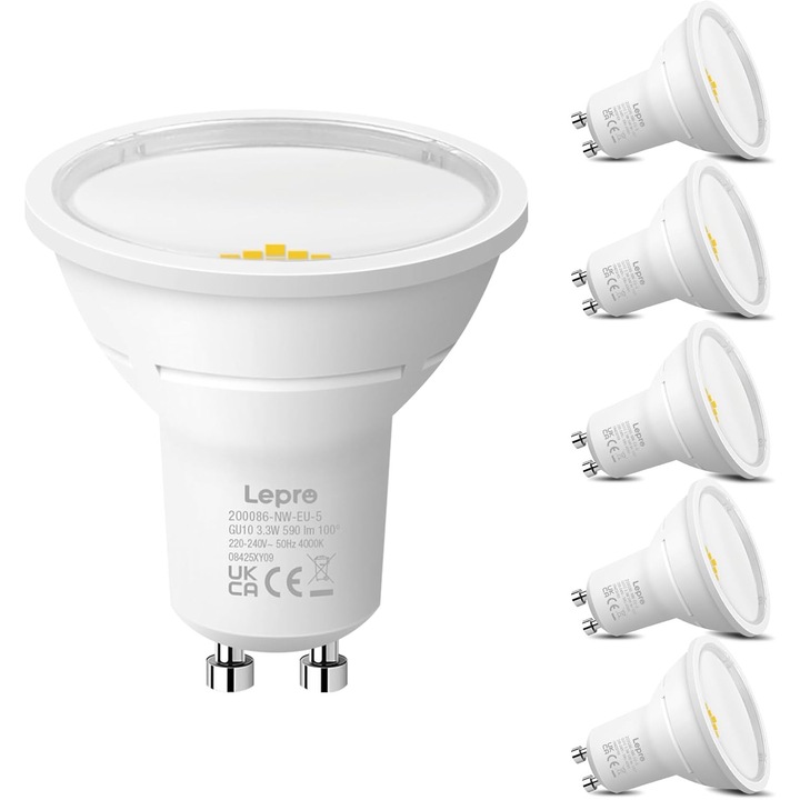 LED крушка GU10 Lepro, енергиен клас A, 3.3W, 4000K Неутрално бяло, 590 lm, ъгъл 100°, замества 50W, комплект 5 броя
