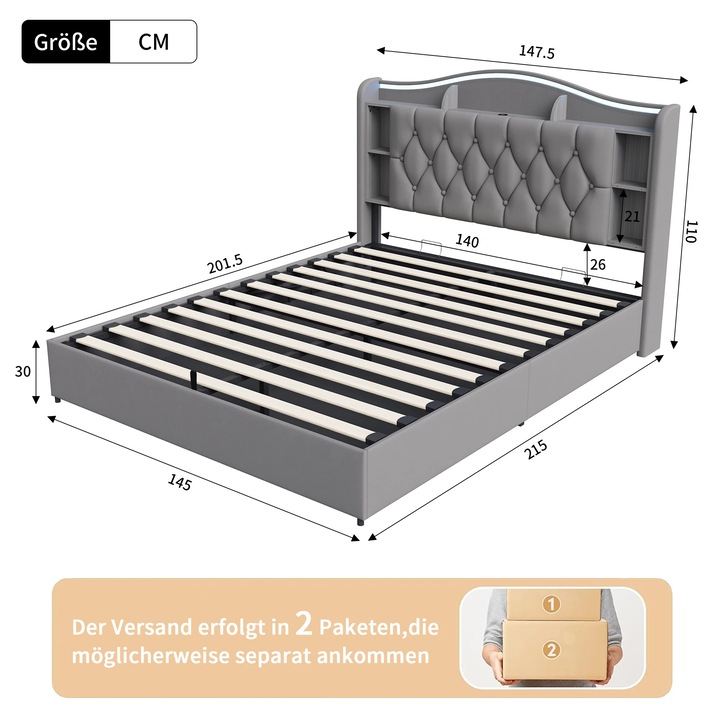 Kárpitozott ágy, franciaágy 140x200 cm, ágy tárolóhellyel és fakerettel, USB és Type-C töltőportok, LED-es fejtámla, bársony, szürke