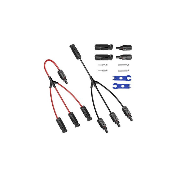Set 2 bucati, Conector solar Y MC4 1 la 3, adaptor PV, IP67 impermeabil, contacte din cupru cositorit cu rezistenta ≤5 mΩ, negru/rosu, 2.5-6 mm²