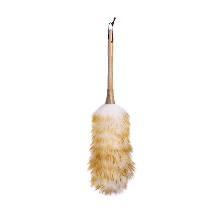 Pamatuf/perie pentru praf, Mediu, din lana naturala, cu maner lung din lemn, fibre care blocheaza praful, Alb/galben, 1 buc