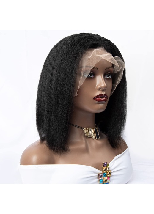 Peruca par 100% uman bob scurt Kinky Straight, dantela transparenta 13x4, linie frontala prearanjata, densitate 180%, negru natural (1B), marime medie, 12 inch