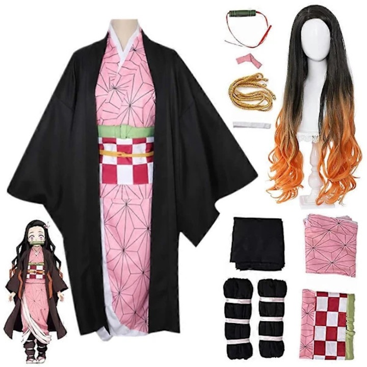 Costum cosplay din poliester, set complet cu peruca si centura, Nezuko Kamado, multicolor, S-XXL