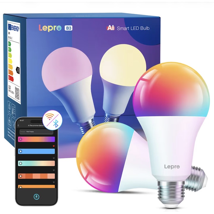 Смарт LED крушки Lepro B3 AI E27, RGB+CCT, WiFi & Bluetooth, 12W, 1521 lm, съвместими с Alexa и Google Assistant, гласов контрол, комплект 2 броя