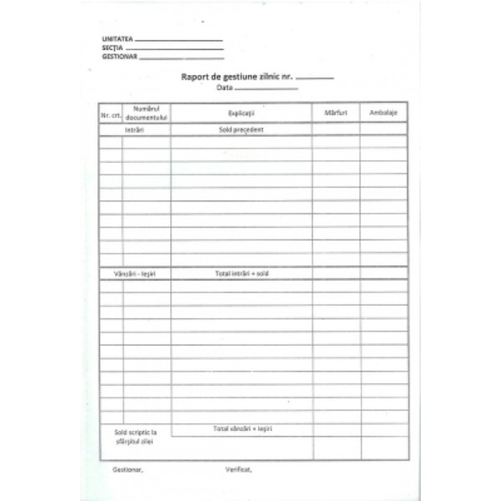 Raport de gestiune zilnic, NB_HRT, 2 exemplare autocopiative, 210x297mm, 50 file