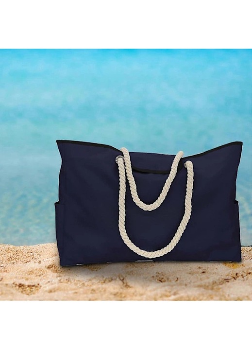 Geanta de plaja tote din piele ecologica, extra mare, rezistenta la nisip si apa, cu manere tip franghie si funda decorativa, Bleumarin, Marime unica