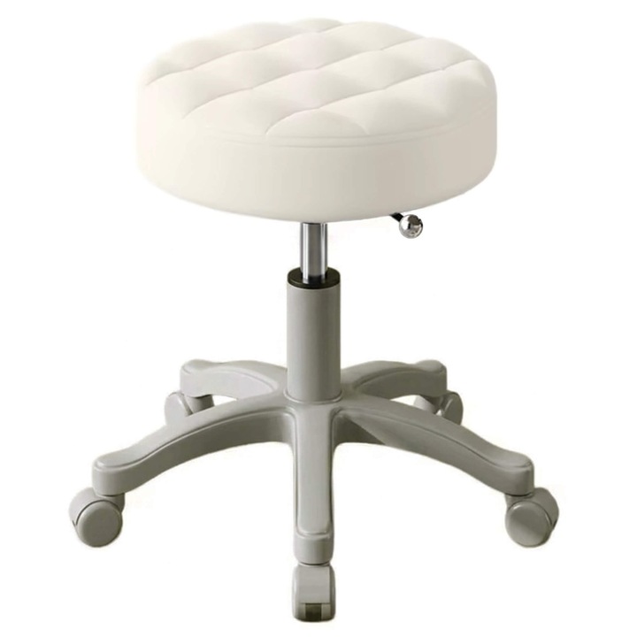 Taburet cosmetic cu roti NBW, scaun tehnician manichiura, pedichiura si unghii, rotativ 360 grade, inaltime reglabila, Alb