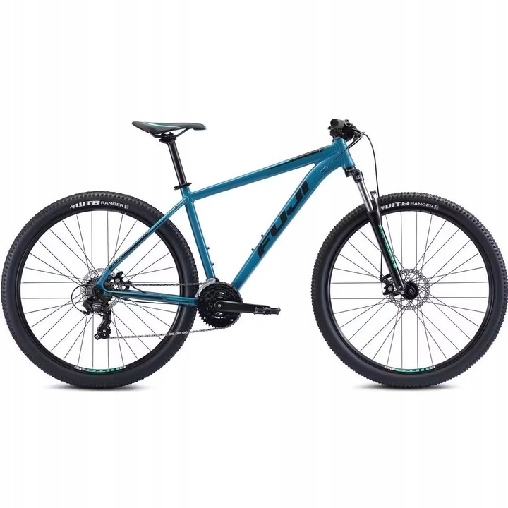 Fuji Nevada 1.9 MTB kerékpár, 17" váz, 27,5" kerekek, SR Suntour 100 mm villa, A2-SL alumínium váz, Shimano Tourney 3x7 váltó, Tektro mechanikus tárcsafékek, sötét türkiz