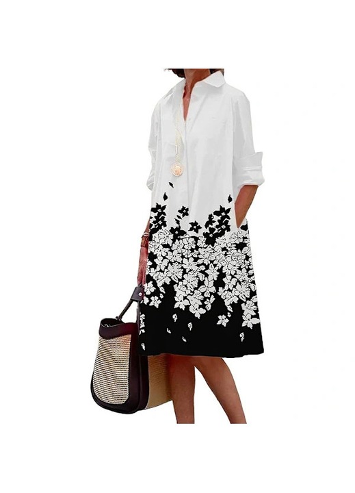 Rochie maxi kaftan din poliester, lejera, cu imprimeu boho si decolteu in V, cover-up de plaja, alb/negru, marime universala, potrivita pentru marimi mari