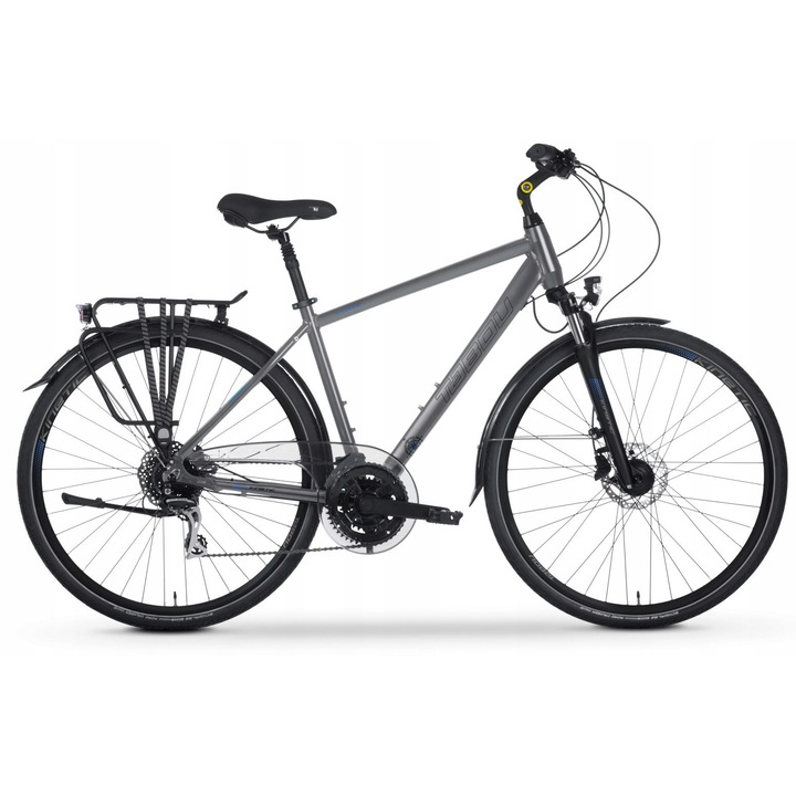 TABOU Kinetic 3.0 Plus trekking kerékpár, alumínium hydroforming váz, 21" vázméret, 28" (700C) kerekek, Shimano Acera 2x8, Shimano MT200 hidraulikus tárcsafékek, Suntour NEX DS 63 mm rugóút, csomagtartó és sárvédők, agydinamó, szürke/kék, 1 db