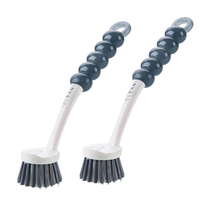 Set 2 bucati, perii pentru vase si curatare, cu maner lung, peri densi anti-zgariere, plastic durabil, alb/gri, 26 x 5.5 x 2.8 cm