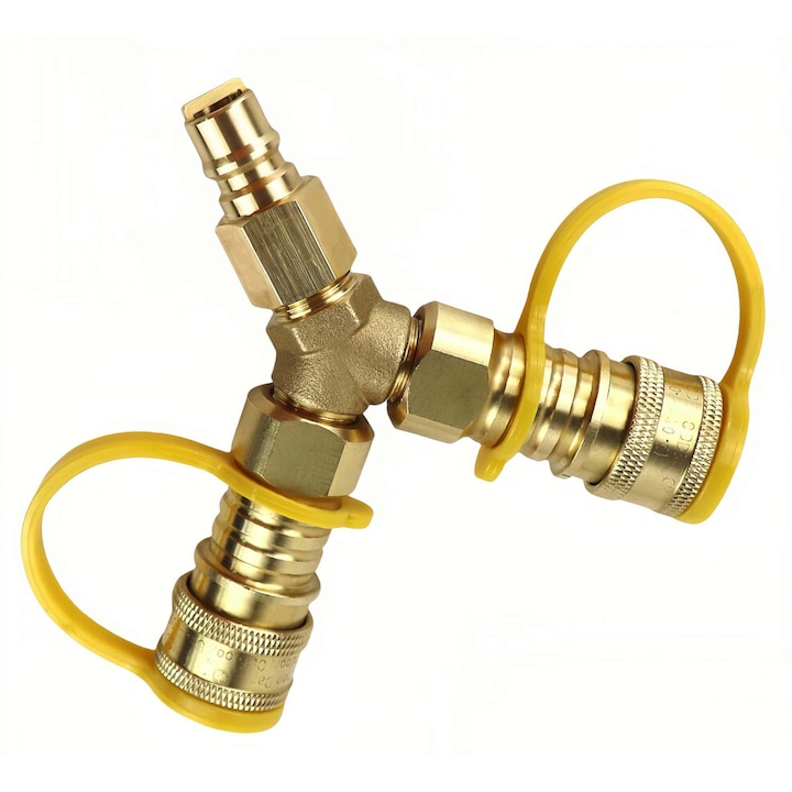 Y elosztó adapter földgázhoz 3/8 hüvelyk, két független gyorscsatlakozó kimenettel, gyors leválasztás, tartós sárgarézből, sárgaréz, 1 db