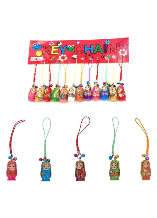 12 db-os fa babafészek kulcstartó készlet fémgyűrűkkel, többszínű 5x2cm