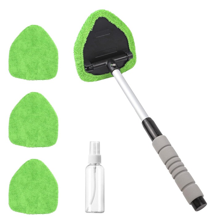 Instrument curatare parbriz si geamuri auto telescopic, cap triangular rotativ 180°, maner reglabil 33.5–49 cm, huse microfibra reutilizabile 4 buc, include pulverizator, verde, 1 set