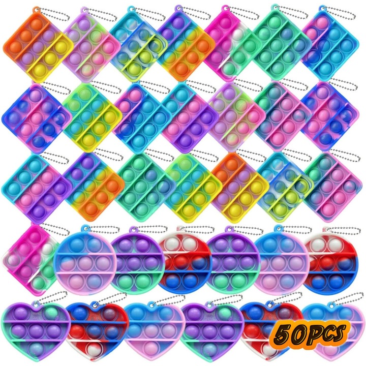 Комплект 50 броя, сензорна играчка pop it мини от силикон, антистрес ключодържател, многоцветен, 50 x 1 бр