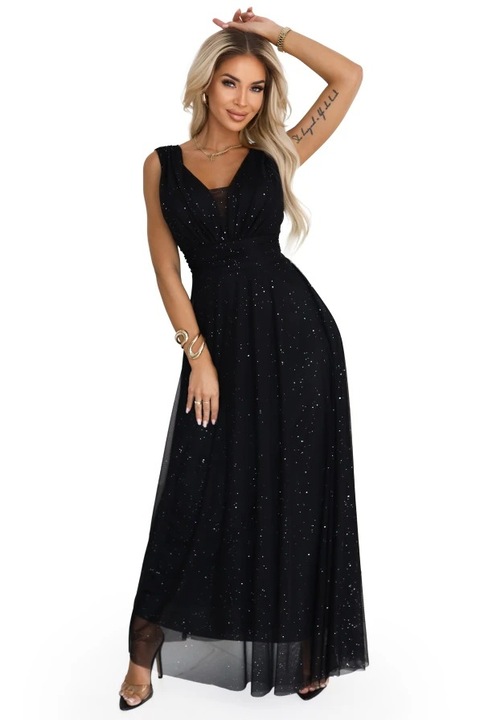 Rochie eleganta Numoco, lunga, neagra, brocard, Negru, One Size