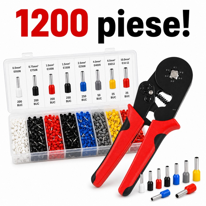 Trusa Sertizare Cabluri Electrice LEWER, Ferule, Cleste Sertizat Auto-reglabil cu revenire automata 0.25-10mm si 1200 piese Pini terminali in 8 dimensiuni si organizator - pentru electricieni, mecanici si pasionati de bricolaj