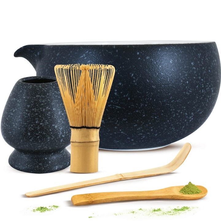 Matcha Tea Készlet, Cebador, Tartalmaz Fekete Kerámia Matchawan Kurai Tál, 470 ml, Kusenaoshi Állvány, Chasen Bambusz Ecset, Bambusz Kiegészítők, Kiváló Minőség, Hagyományos Feldolgozás, Ceremonie Traditionala