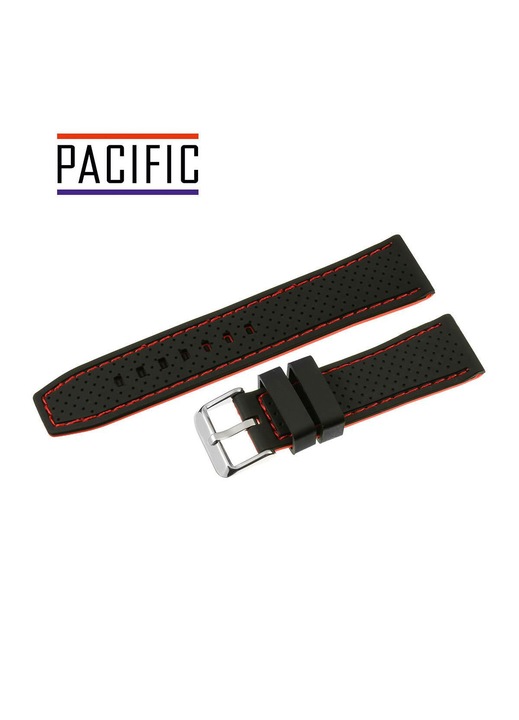Pacific, Perforált szilikon óraszíj kontrasztos varrással U17, Fekete/piros, 20 mm