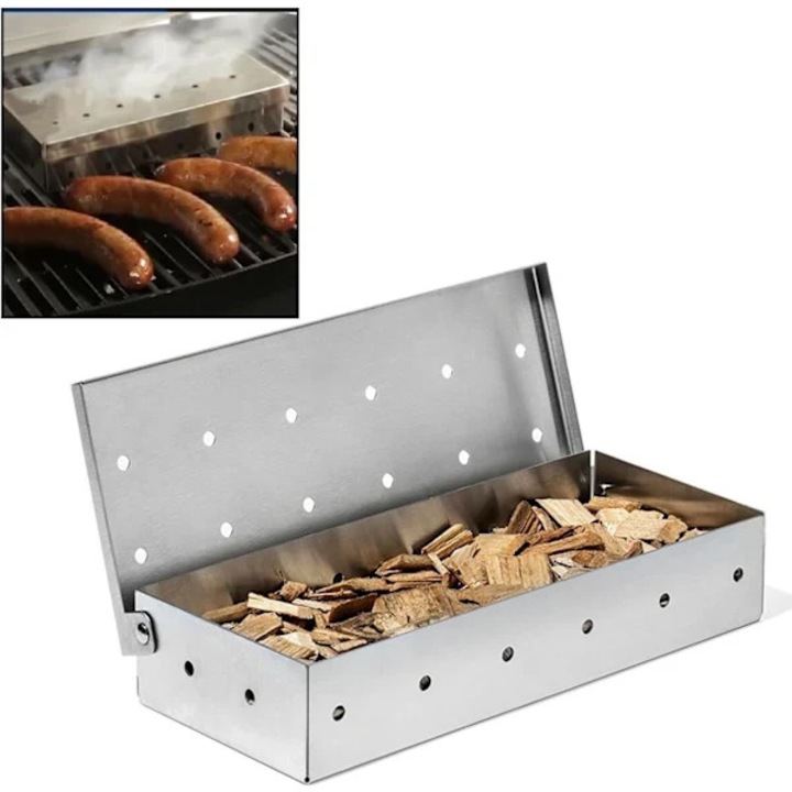 Кутия за опушване на скара, smoker box от устойчива неръждаема стомана, с шарнирен капак и вентилационни отвори, сребрист, 8.8 x 3.6 x 1.7 инча, 1 бр