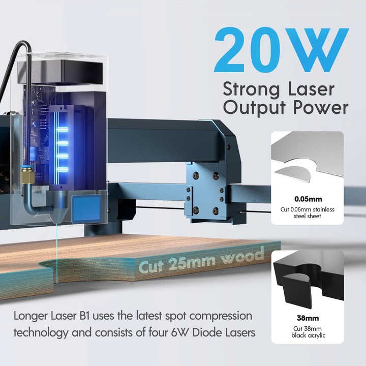 Lézergravírozó gép, B1 20W dióda lézer, Wi‑Fi, EU csatlakozó, 450×440 mm munkaterület, 36.000 mm/perc, precíziós lézerpont