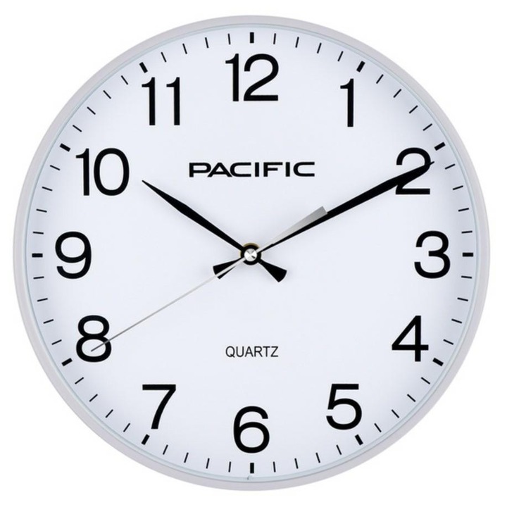 Pacific PW-360 falióra, kvarc szerkezet, műanyag, arab számokkal, fehér, átmérő 30,5 cm, vastagság 4,2 cm