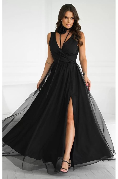 Rochie Bicotone eleganta, neagra, lunga, cu floare, Negru