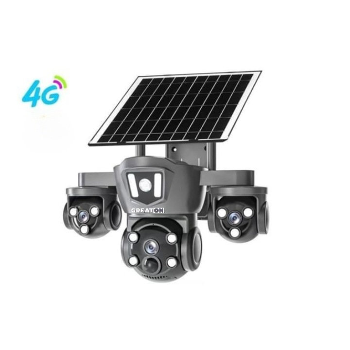GREATON Kültéri Megfigyelő Kamera, 3 Panorámás Kamera 360°, 12MP, WiFi & 4G SIM, Napelemes Tápellátás, Éjjellátó és Infravörös, Mozgásérzékelő, MicroSD Foglalat, Alkalmazás, Fekete