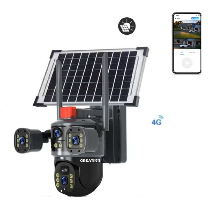GREATON 4K Ultra HD Megfigyelő Kamera, 12MP, Napelemes, WiFi és 4G SIM, 360°, Mozgásérzékelés, Éjszakai Látás, Kétirányú Audio, Vízálló, T3502, Fekete
